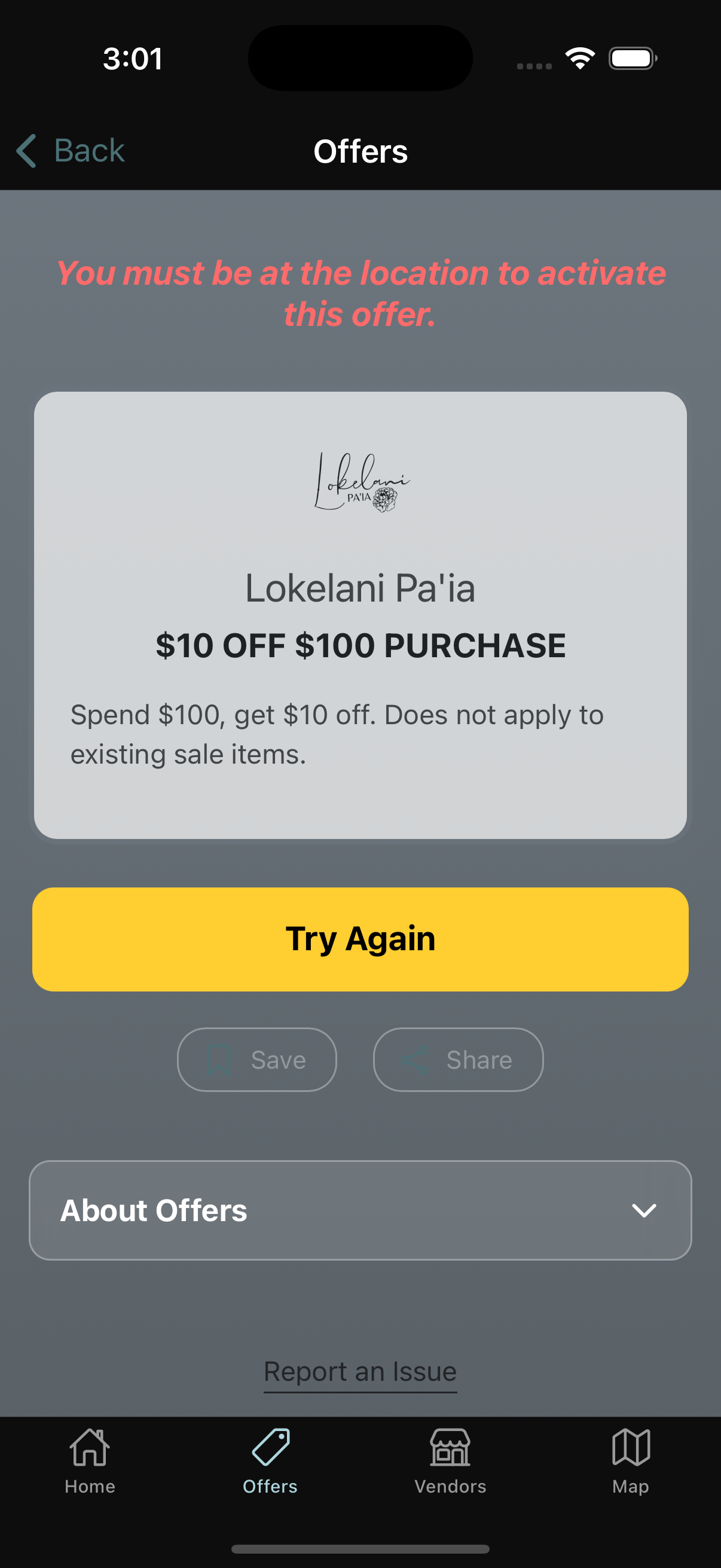 Location error message