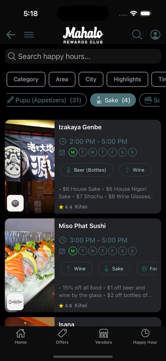 Happy Hour List Screen