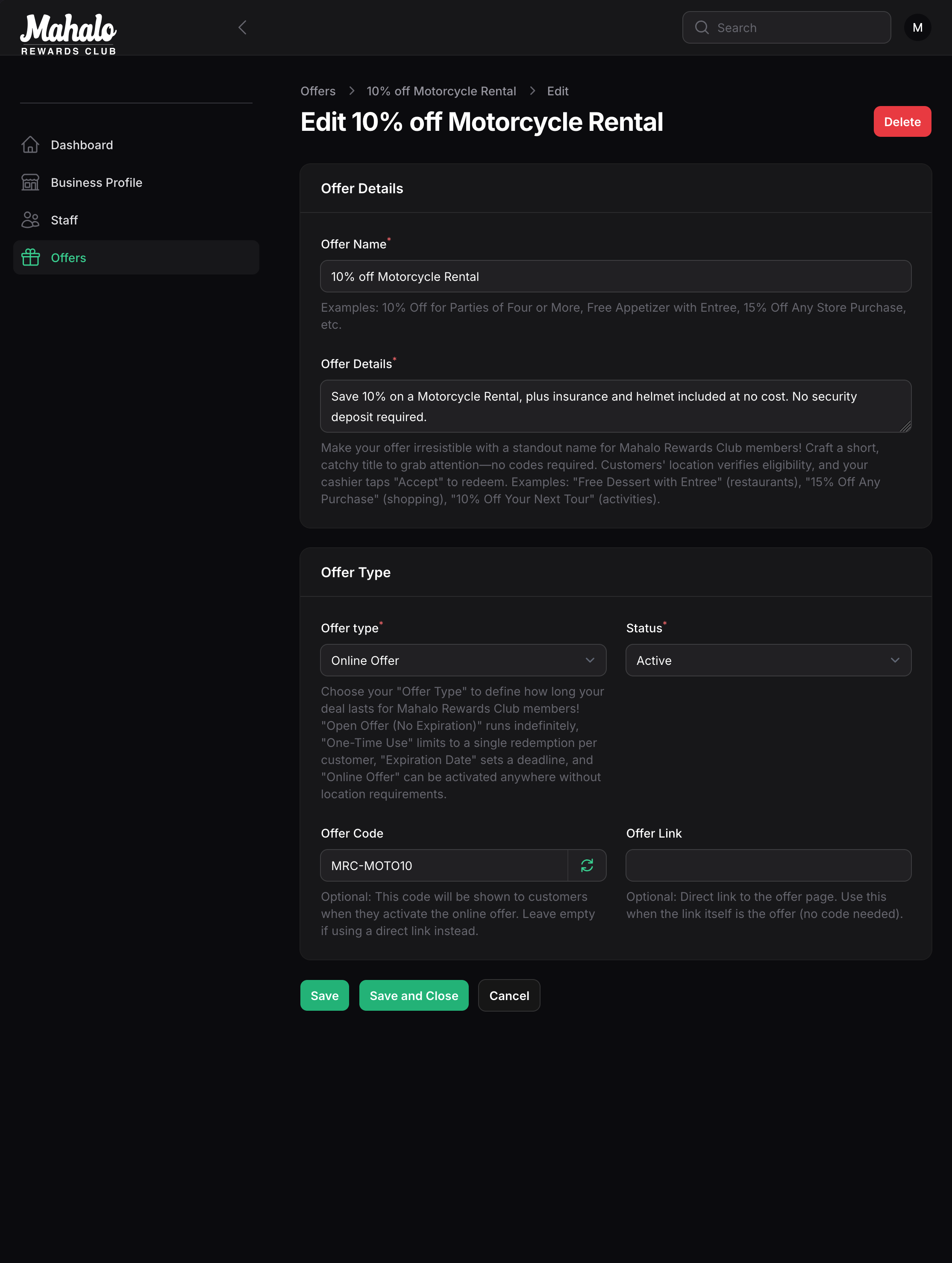 Create Offer Interface
